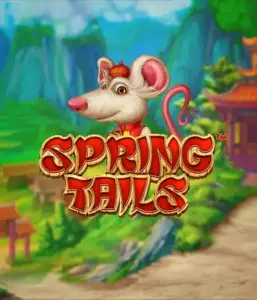 A whimsical illustration of a mouse dressed in traditional Chinese attire standing in a vibrant landscape with mountains. The image represents the Spring Tails game by Betsoft, highlighted with bold gold and red logo text.