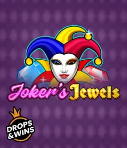 Discover the playful charm of the Joker's Jewels game by Pragmatic Play, highlighting a captivating joker's mask adorned with a multicolored jester hat. This image captures the joyful spirit of traditional joker games, set against a deep purple background. Great for those who love classic slot games, offering a thrilling gaming experience. 